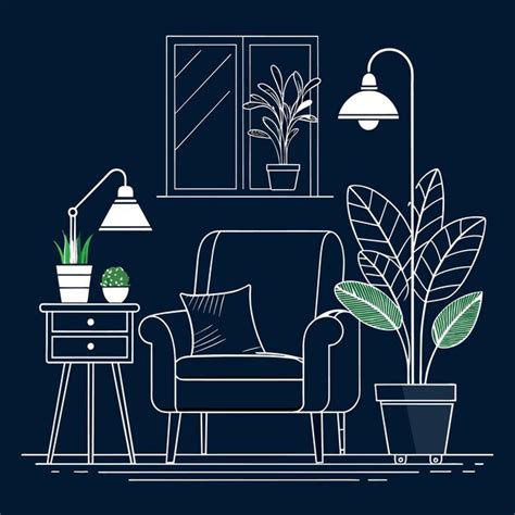 Un dessin en ligne continue d'un fauteuil, d'une lampe et d'une plante ...