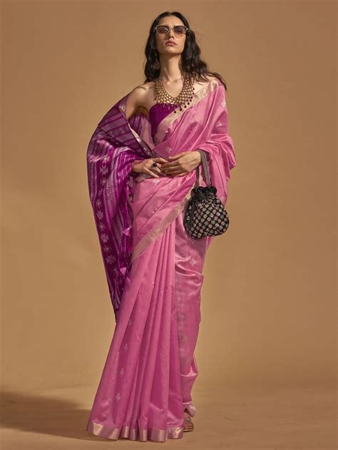 Buy Pink Zari Weaving Silk Event Wear Saree With Blouse From Ethnic Plus