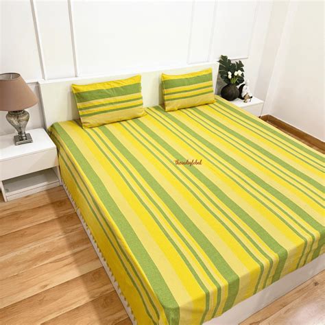 Handloom Cotton Bedsheet with Pillow Covers Yellow Green – Theindiglobal