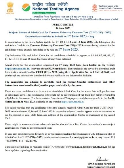 CUET PG 2023 admit card for June 17 released | Direct link to download ...