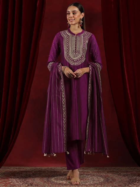 Buy Libas Art Wine Yoke Design Chanderi Silk Straight Suit With Dupatta ...