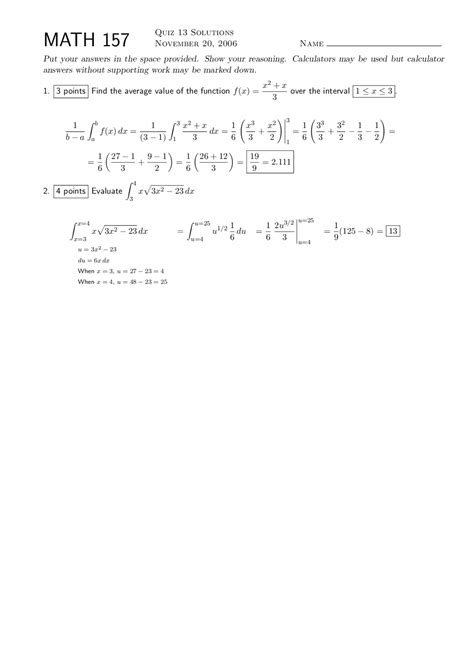 Quiz Solutions for MATH 157: Calculus I - Average Value of a Function ...