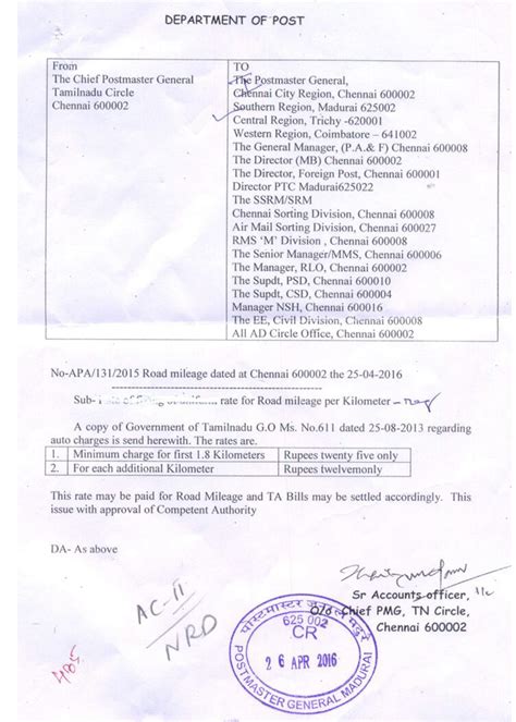 Revised Rate of Road Mileage per kilometre - TN Circle