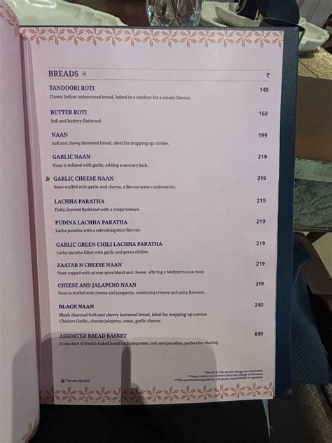 Menu at Tansen, Hyderabad, Sy No. 332 & 333