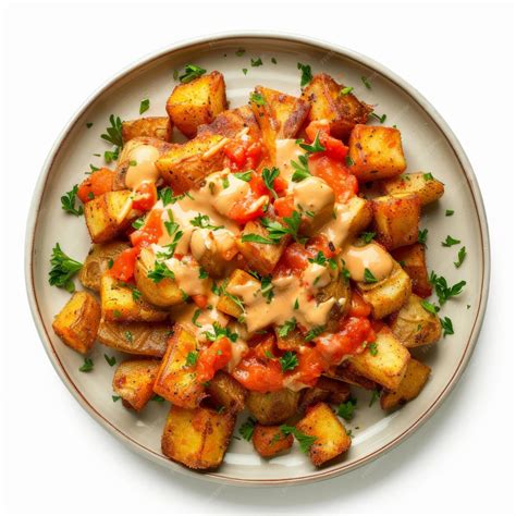 A plate of Spanish patatas bravas crispy fried potatoes served with ...