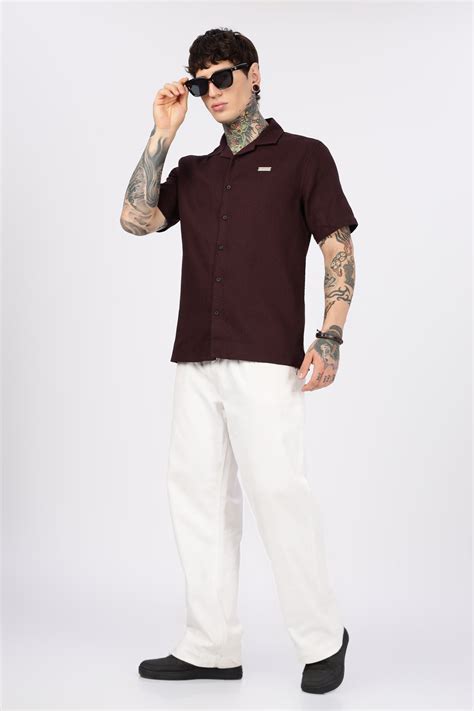 Classic: Textured Fabric Maroon Cotton Cuban Shirt – Eszett