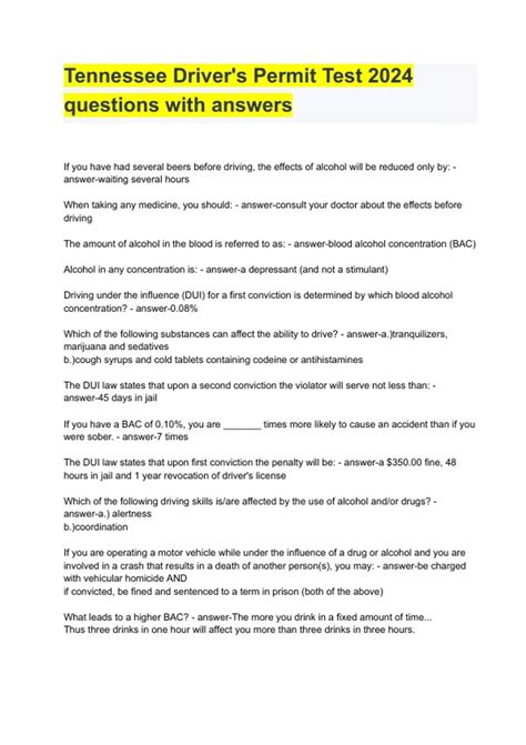 Tennessee Driver's Permit Test 2024 questions with answers - Tennessee ...