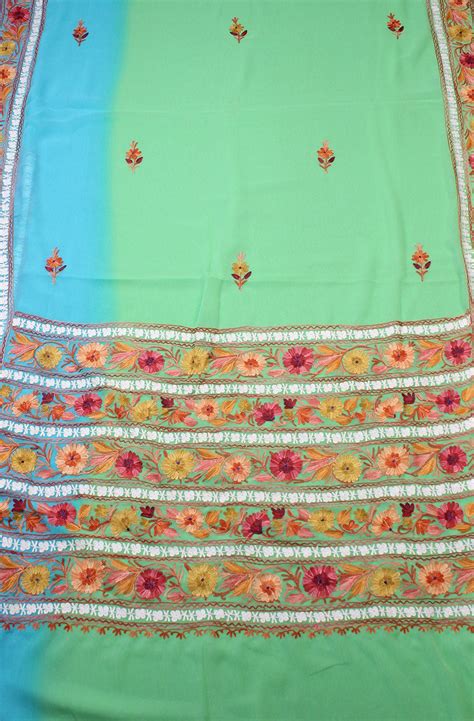 Blue And Green Embroidered Kashmiri Aari Work Georgette Saree ...