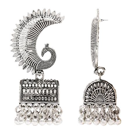 Etnico Silver Oxidised Afghani Peacock Jhumka Earrings For Women (E331 ...
