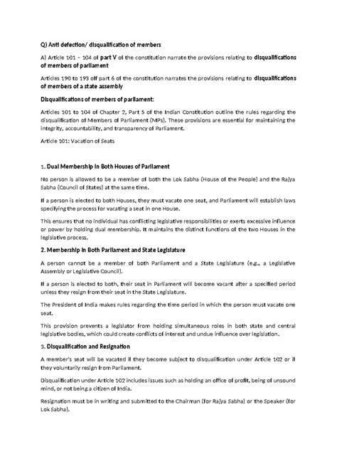 Constitutional law 2 - Q) Anti defection/ disqualification of members A ...