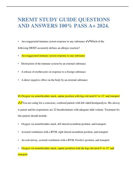 NREMT STUDY GUIDE QUESTIONS AND ANSWERS 100% PASS A+ 2024. - NREMT ...
