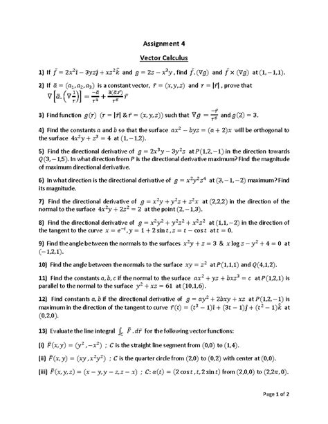 Assignment VC - Page 1 of 2 Assignment 4 Vector Calculus If 𝑓̅ = 2𝑥 2 ...