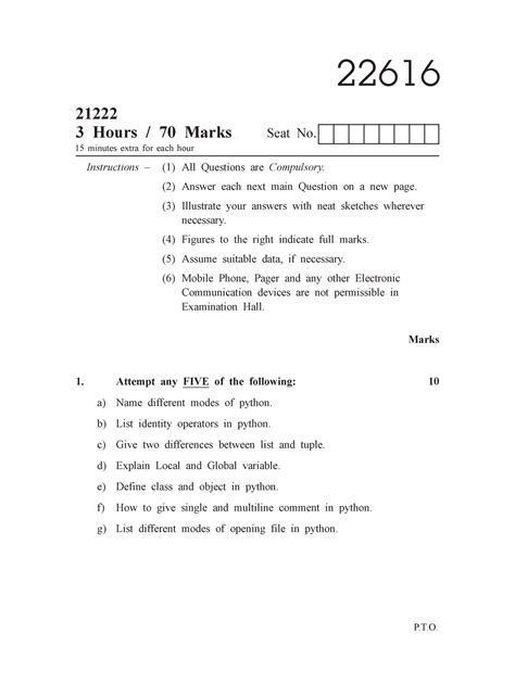 22616 - Yes - P.T. Instructions – (1) All Questions are Compulsory. (2 ...