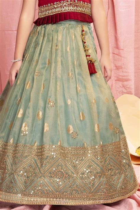 Maroon Puff Sleeves And Sequin Embroidered Pattu Pavadai Set For Girls ...