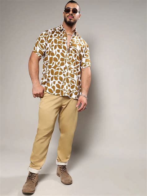 Plus Size Men's White & Brown Contrast Block Shirt (3XL - 6XL ...