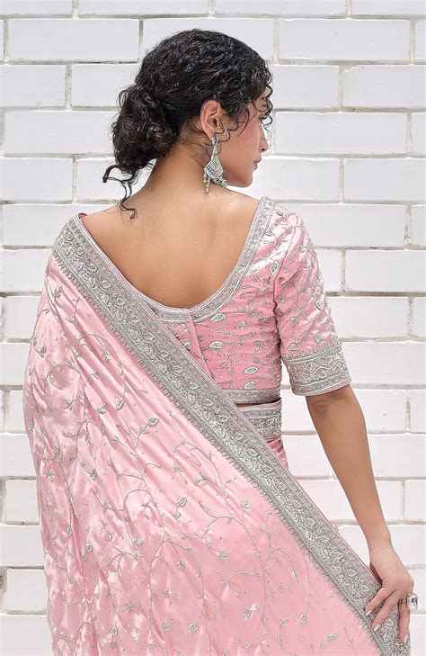 Pink Blossom Zardozi Hand Embroidered Pure Silk Saree – Talking Threads
