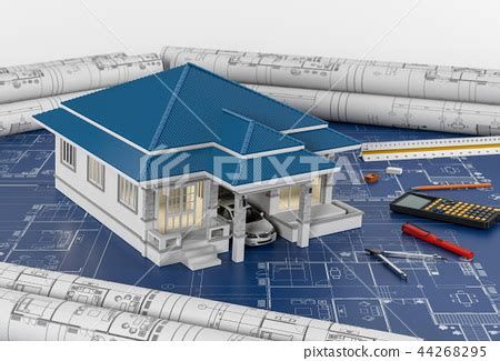 Construction plans with tools and House. 3d render - Stock Illustration ...