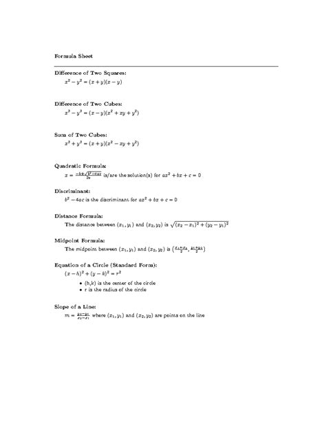 Algebra 2 Reference Sheet