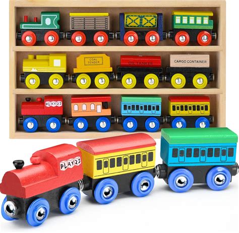 Play22 Wooden Train Set 12 PCS - Train Toys Magnetic Set Includes 3 ...