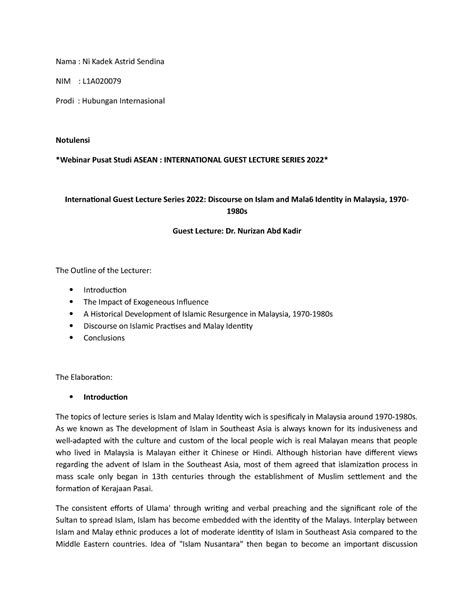 Notulensi Kuliah Tamu-Discourse on Islam and Malay Identity in Malaysia ...