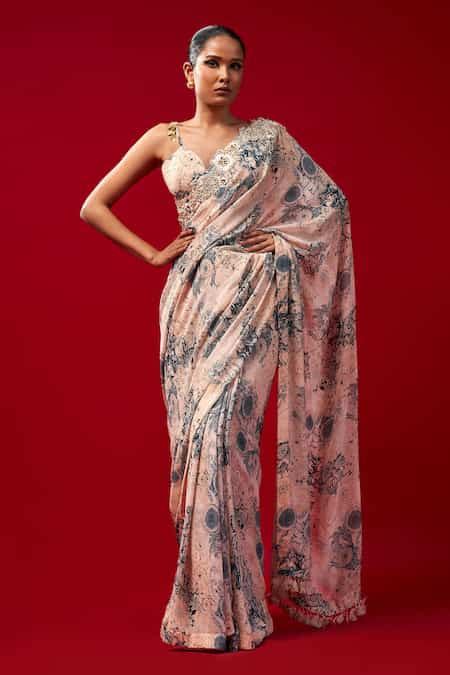 Buy Beige Georgette Tassels, Embroidery, Cut Work Blossom Print Saree ...