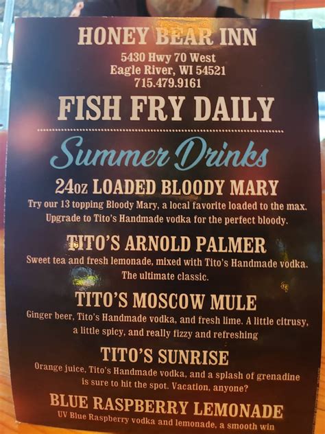 Menu at Honey Bear restaurant, Eagle River, WI-70