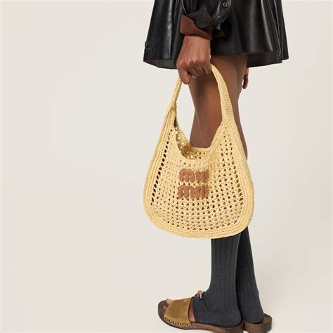 Beige/cognac Raffia-effect Woven Hobo Bag | Miu Miu