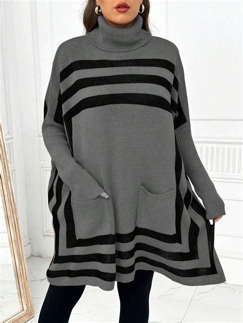 SHEIN LUNE Plus Size Women High Neck Striped Batwing Sleeve Pocket ...