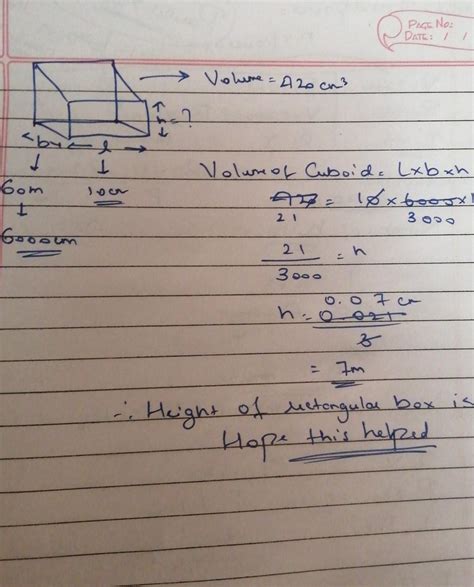 The volume of rectangular box is 420 cm³ its length is 10 cm and its breadth is 60M what is its ...