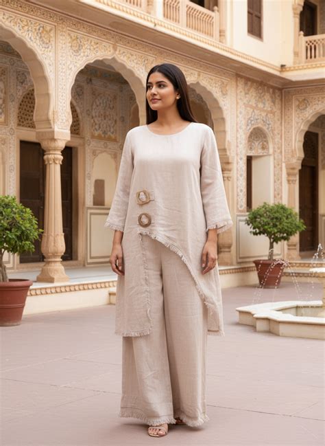 Pure linen beige co-ord set with frayed edges and wooden buckle accent ...