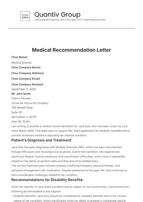 Free Medical Recommendation Letter Template to Edit Online