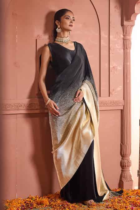 Buy Black Polyester Round Neck Idylic Ombre Saree For Women by Tasuvure ...