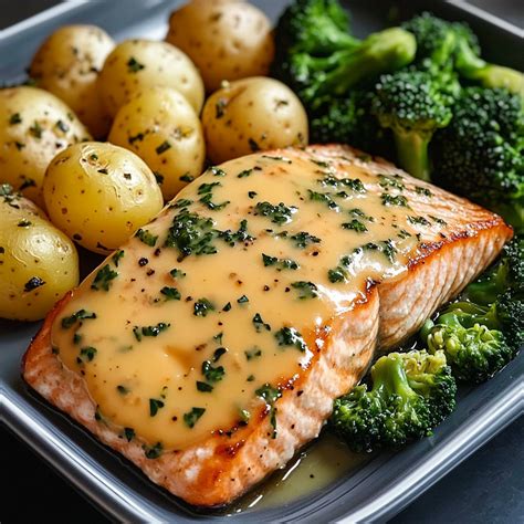 Garlic Butter Salmon with Baby Potatoes & Broccoli - The recipe mingle