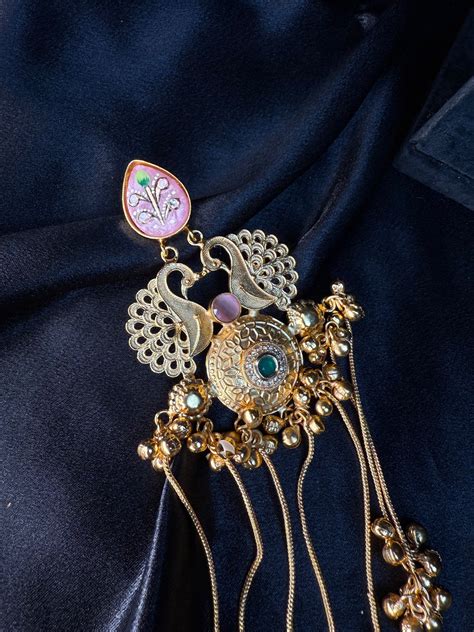 Kashmiri Royal Peacock Long Earrings Peach – Baranashe