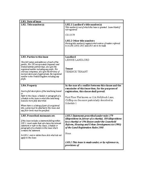 Prescribed clauses table - LR1. Date of lease LR2. Title number(s) LR2 ...