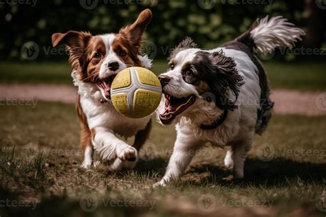 dogs in the park playing with a ball 22083035 Stock Photo at Vecteezy