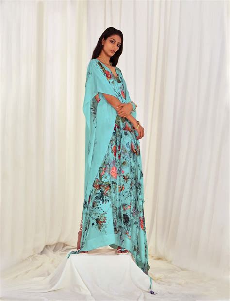 Blue printed silk kaftaan with ruffles - Elan Store