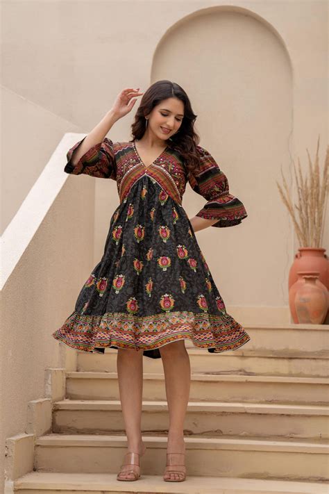 Black Printed Fit & Flare Dress with Tribal Border