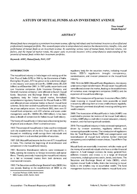 A Comprehensive Study on Mutual Funds as an Investment Avenue - Studocu