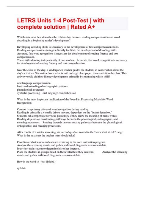 LETRS Units 1-4 Post-Test | with complete solution | Rated A+ - LETRS ...