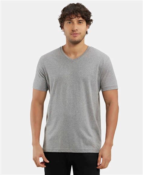 Buy Super Combed Cotton Rich Solid V Neck Half Sleeve T-Shirt - Grey ...