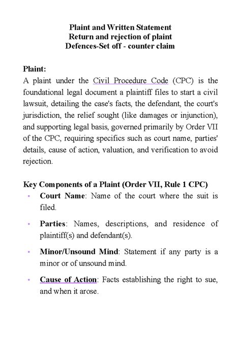 CPC 1908: Understanding Plaint & Written Statement Procedures - Studocu