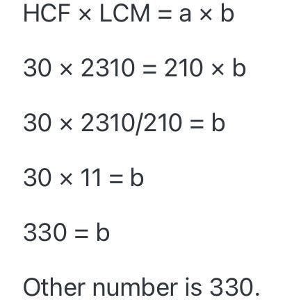 The HCF of two numbers is 30 and their LCM is 2310 .If one of the ...