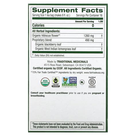 Traditional Medicinals, Organic Hibiscus, Caffeine Free, 16 Wrapped Tea ...