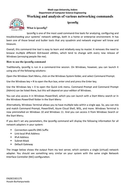 Working and analysis of various networking commands - Department of ...