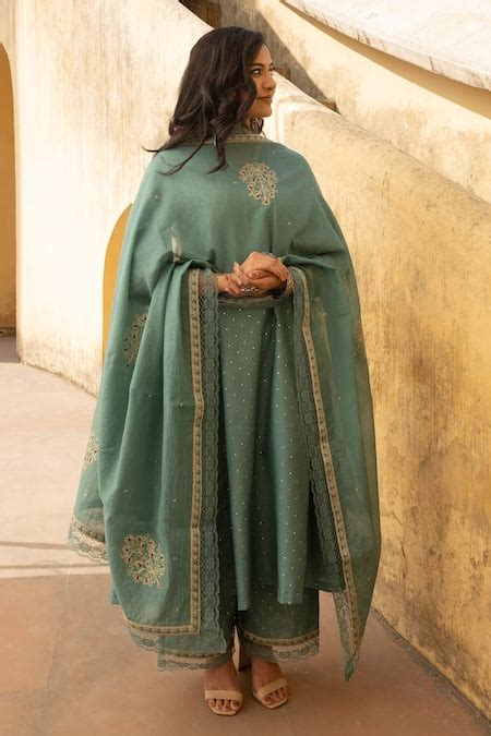 Buy Green Chanderi Embroidery Mukaish Split V Neck And Lace Anarkali ...