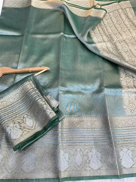 Dark Mint Green Glass Tissue Silk Banarasi Saree – Unique Threads Sarees