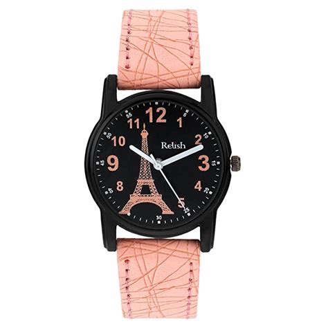 Buy Relish Black Case Pink Leather Strap Eiffel Tower Black Dial Analog ...