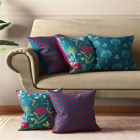 Buy INDIA CIRCUS Printed Set of 5 Cushion Covers - 40.64 x 40.64 cm ...
