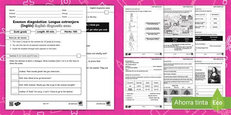 Examen diagnóstico inglés sexto primaria SEP
